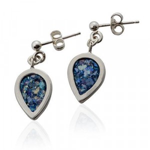 Stud Earrings with Roman Glass & Silver in Drop Shape by Rafael Jewelry Joias Judaicas