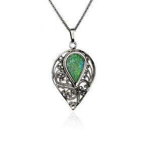 Sterling Silver Pendant in Drop Shape with Roman Glass by Rafael Jewelry Designer Joias Judaicas