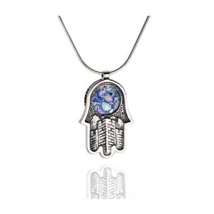 Hamsa Pendant in Sterling Silver & Roman Glass with Jerusalem Motif Rafael Jewelry Designer Colares e Pingentes
