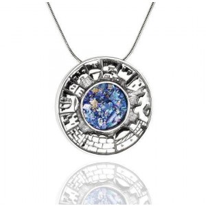 Round Roman Glass Pendant in Sterling Silver with Jerusalem Motif Rafael Jewelry Designer Dia de Jerusalém