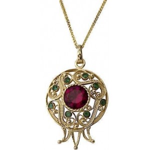 14k Yellow Gold Pendant with Ruby & Emerald in Pomegranate Shape Rafael Jewelry Designer Joias Judaicas