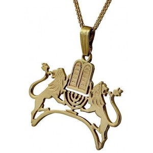 Rafael Jewelry Designer 14k Yellow Gold Pendant with Ten Commandments & Lions of Judah Joias Judaicas