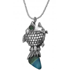 Sterling Silver Fish Pendant with Eilat Stone & Emerald by Rafael Jewelry Joias Judaicas