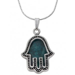 Hamsa Pendant with Eilat Stone in Sterling Silver by Rafael Jewelry Joias Judaicas