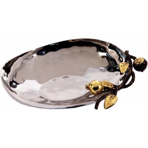Medium Oval Stainless Steel Bowl with Pomegranate Design by Yair Emanuel Judaica
