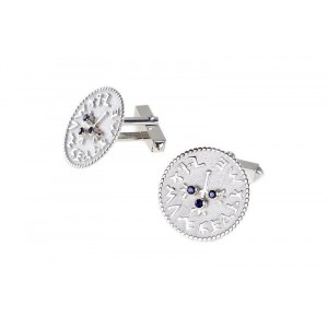 Silver Shekel Cufflinks with Holy Jerusalem Engraving in Ancient Hebrew & Sapphire by Rafael Jewelry Acessórios
