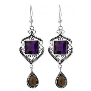 Sterling Silver Earrings with Amethyst & Smoky Quartz by Rafael Jewelry
 Joias Judaicas