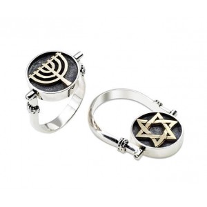 Double Sided Sterling Silver Ring with Star of David & Menorah in 9k Yellow Gold by Rafael Jewelry Default Category