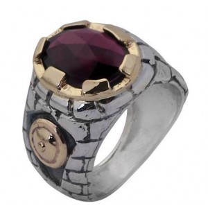 Jerusalem Walls Ring in Sterling Silver with 9k Yellow Gold and Garnet by Rafael Jewelry Joias Judaicas