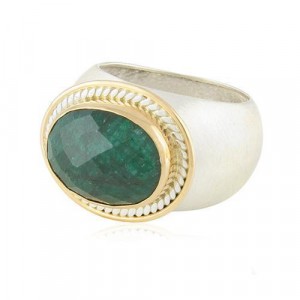 Rafael Jewelry Sterling Silver Ring with 9k Yellow Gold and Emerald Stone Joias Judaicas