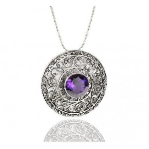 Round Pendant in Sterling Silver with Amethyst and Filigree Design by Rafael Jewelry Joias Judaicas