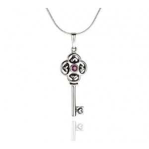 Key Pendant in Sterling Silver with Hearts and Garnet Stone by Rafael Jewelry Joias Judaicas