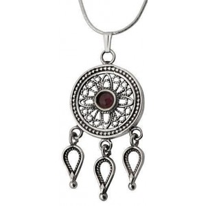 Sterling Silver Pendant with Filigree Garnet and Drops by Rafael Jewelry Joias Judaicas