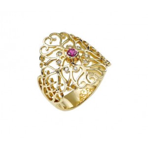 14k Gold Ring with Diamond & Ruby and Heart Motif Rafael Jewelry Designer Joias Judaicas
