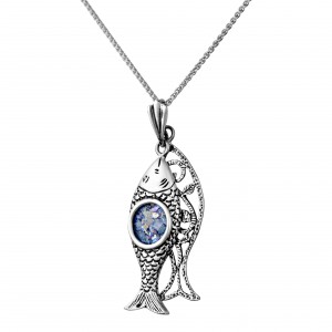 Fish Pendant in Sterling Silver & Roman Glass by Estee Brook Joias Judaicas
