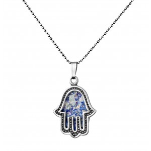Hamsa Pendant in Sterling Silver with Roman Glass by Rafael Jewelry Joias Judaicas