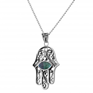 Hamsa Pendant in Sterling Silver & Eilat Stone by Rafael Jewelry Joias Judaicas