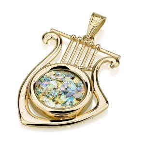 David's lyre Pendant 14K Yellow Gold with Roman Glass by Ben Jewelry Colares e Pingentes