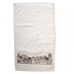 Yair Emanuel Ritual Hand Washing Towel with Embroidered Scene of Jerusalem Judaica
