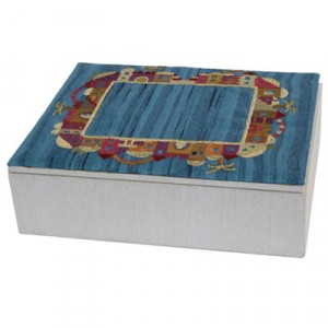 Yair Emanuel Embroidered Jewelry Box With Jerusalem Depictions in Blue Acessórios
