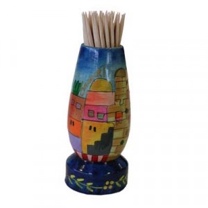 Yair Emanuel Painted Wooden Toothpick Stand with Jerusalem Vista Artistas e Marcas