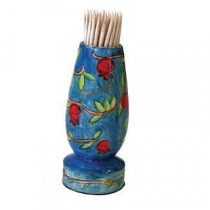 Yair Emanuel Painted Wooden Toothpick Stand with Pomegranates Artistas e Marcas