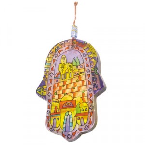 Painted Glass Hamsa with a Scene of Jerusalem by Yair Emanuel Artistas e Marcas