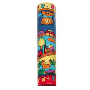 Yair Emanuel Mezuzah with a Teddy Bear and Other Toys in Painted Wood Mezuzás
