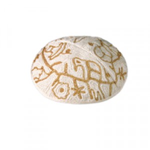 Yair Emanuel White and Gold Cotton Hand Embroidered Kippah with Bird Motif Judaica Moderna