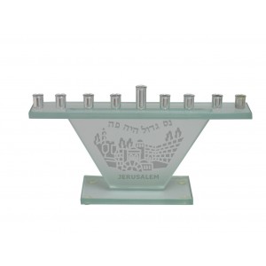 Glass Menorah with Jerusalem Design Candle Holders & Candles