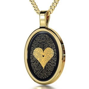 14K Gold and Onyx Necklace  I Love You in 120 Languages Micro-Inscribed with  24K Gold  on Heart 