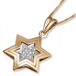 14K Gold Double Star of David Pendant with Diamonds Colares e Pingentes