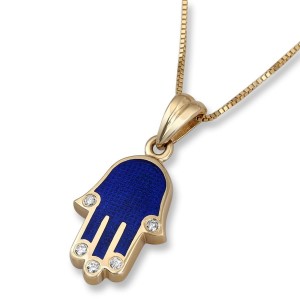 14K Gold Hamsa Pendant with Blue Enamel and Diamonds Israeli Jewelry Designers