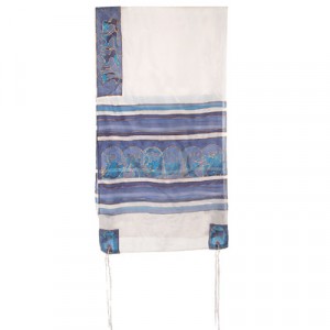 Talit Pintado à Mão de Yair Emanuel com Twelve Tribes in White and Blue Silk Talits