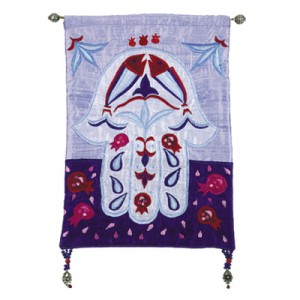 Yair Emanuel Raw Silk Embroidered Small Wall Decoration with Hamsa in Blue Artistas e Marcas