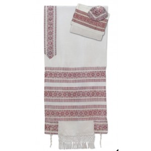 Talit de Seda e Lã Tecido à Mão Branco com Linhas Vermelhas e Diamantes Judaica Moderna