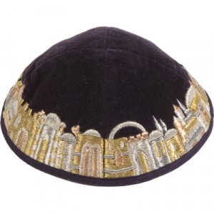 Velvet Yair Emanuel Kippah with Gold Jerusalem Embroidery Judaica Moderna