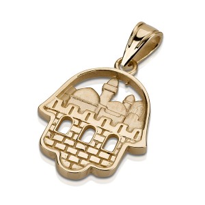 Pingente de Ouro 14k com Chamsa e Jerusalém Jerusalem Jewelry