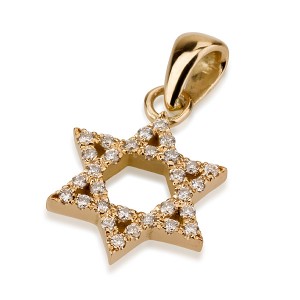 Pingente de Estrela de David de Ouro Amarelo 18k com  Diamantes Incrustrados e Superfície Macia Joias Judaicas