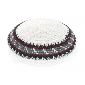 15 Centimetre White Knitted Kippah with Black, Red and Grey Geometric Pattern Kipás