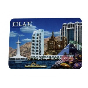Rectangular Plastic Magnet with Eilat Landmarks and English Text in White Souvenirs Judaicos