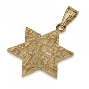 14k Yellow Gold Star of David Pendant with Detailed Jerusalem Homes Joias Judaicas