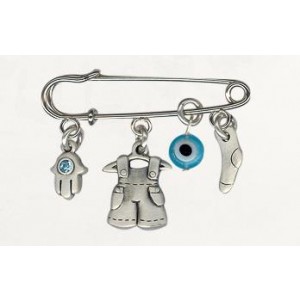 Baby Diaper Pin with Silver Clothing and Hamsa Charms and Swarovski Crystals Joias Judaicas