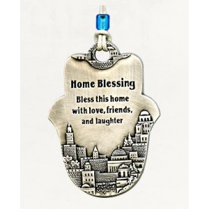 Silver Hamsa Home Blessing with English Text and Sweeping Jerusalem Panorama Chamsa