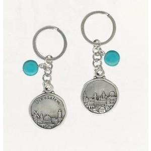Round Silver Keychain with Jerusalem Depiction and Turquoise Gemstones Arte Israelense