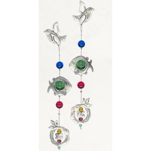 Silver Wall Hanging with Dove, Pomegranate, Fish, Bee and Hanging Beads Decoração do Lar