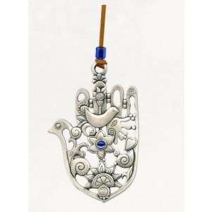 Silver Hamsa with Traditional Symbols and Single Swarovski Crystal Chamsa