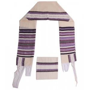 White Cotton Tallit with Purple and Black Stripes and Silver Hebrew Text Judaica Tradicional
