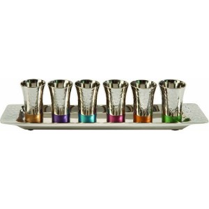 Yair Emanuel Nickel Wine Cup Set with Hammered Pattern and Multicolor Rings Judaica Moderna