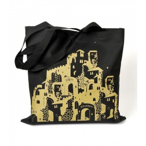 Black Canvas Jerusalem Tote Bag with Numerous Shapes by Barbara Shaw Acessórios Judaico 
